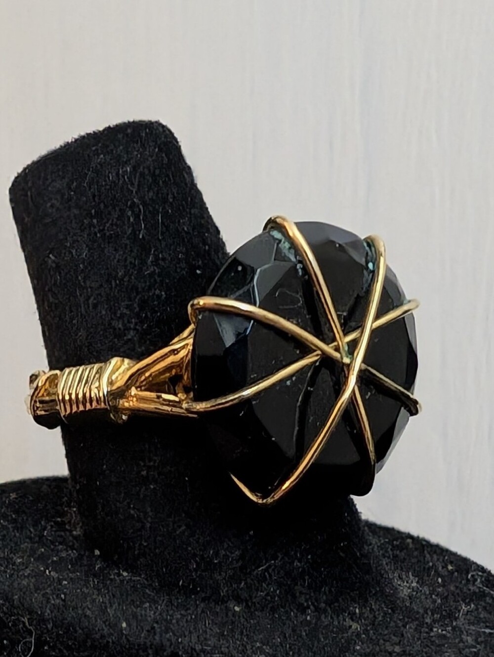 #87. Gold Wire-Wrap Black Stone Statement Ring